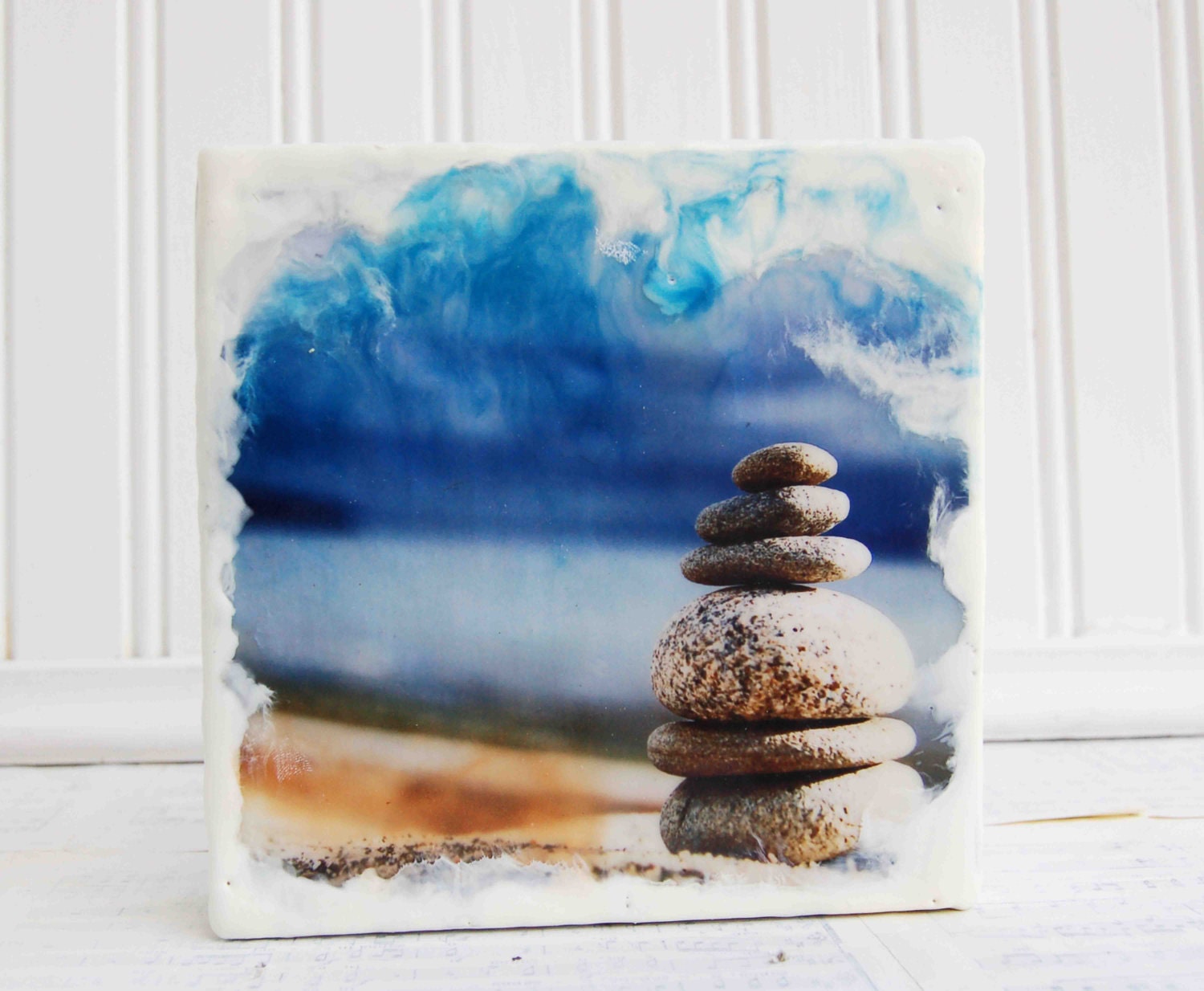 BALANCE Encaustic Photo Painting Beach Rocks Ocean Blue Sky Rain Clouds Meditation YOGA Art