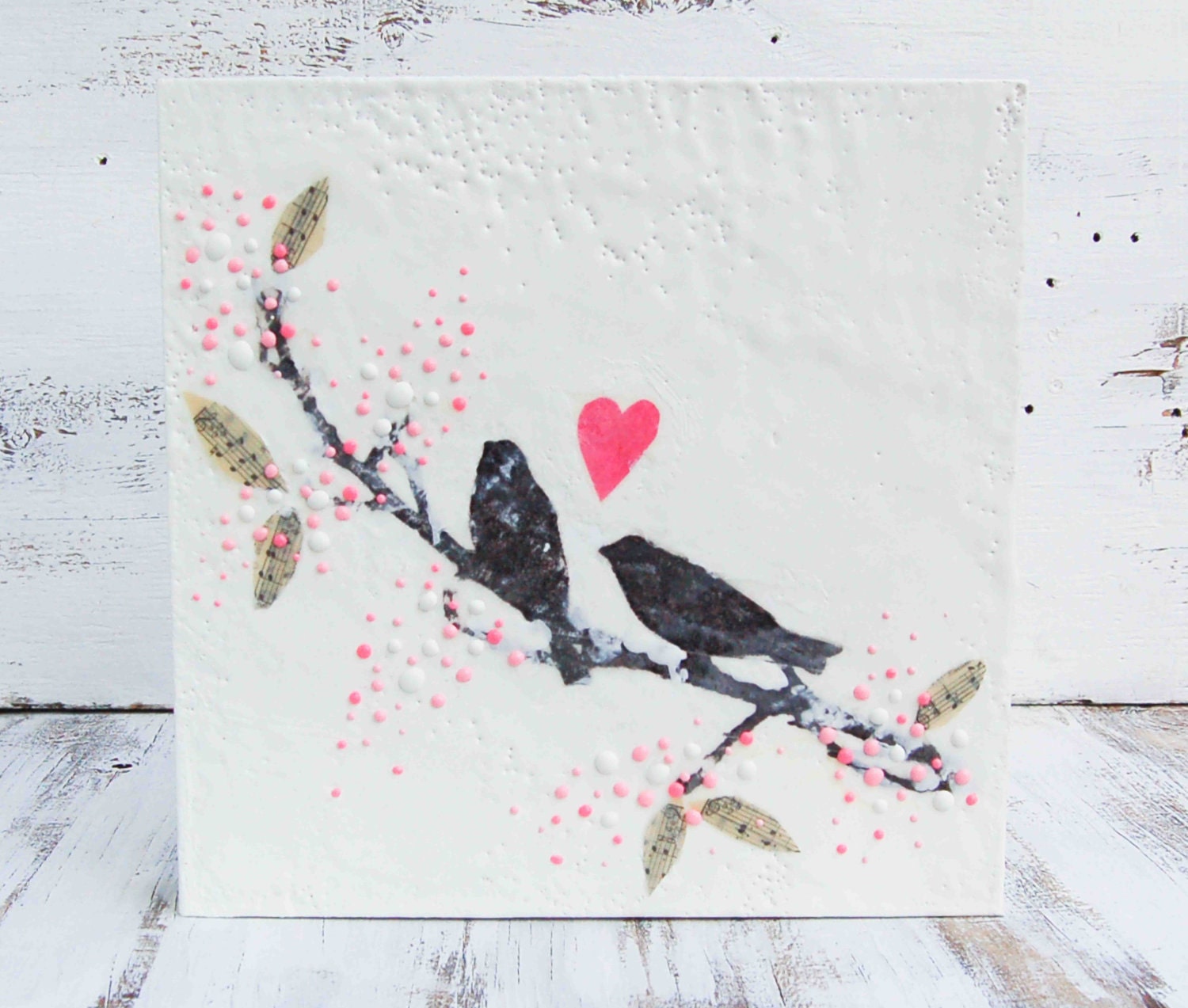 LOVE Song Original Encaustic Painting Pink Heart Bird Pink Blossoms Wedding