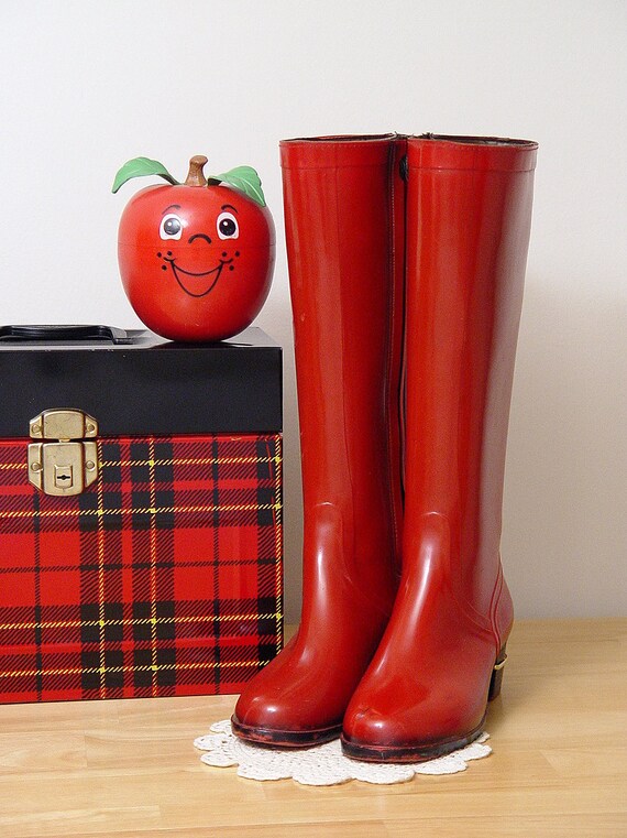 knee high red rain boots