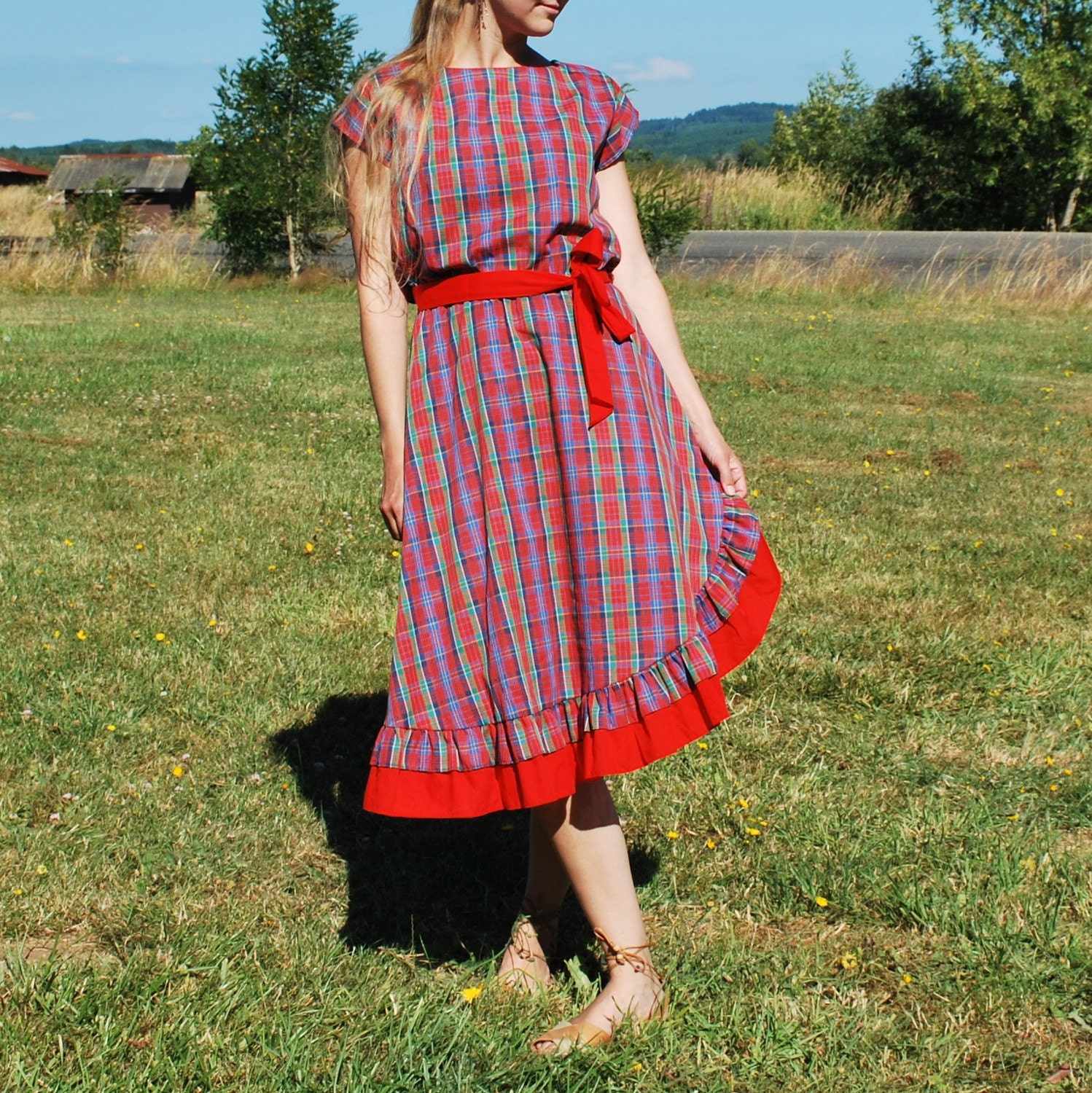 Vintage Asymmetrical Plaid Ruffle Dress