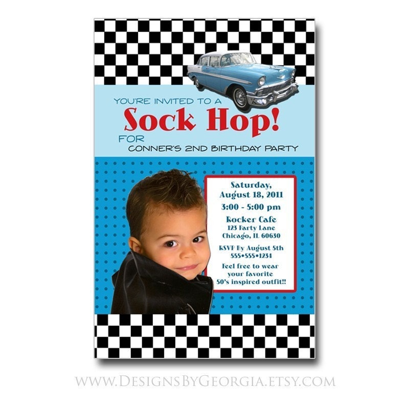 50's Inspired Sock Hop Invitation or Thank You Card