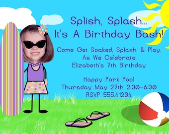 Pool Party Beach Party Birthday Invitation or Thank You Photo Card (Boy OR Girl)