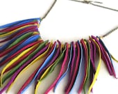 Statement jewelry multicolor suede fringe and chain necklace