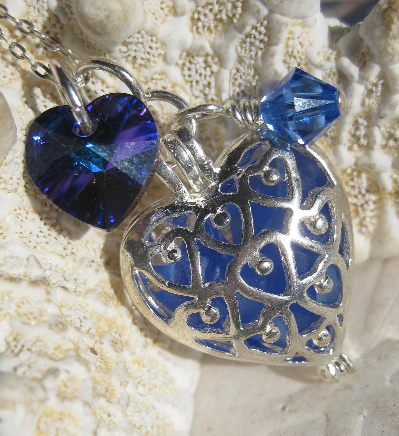 Sea Glass Necklace Pendant - Mermaids Tears Heart Locket - Cobalt Blue