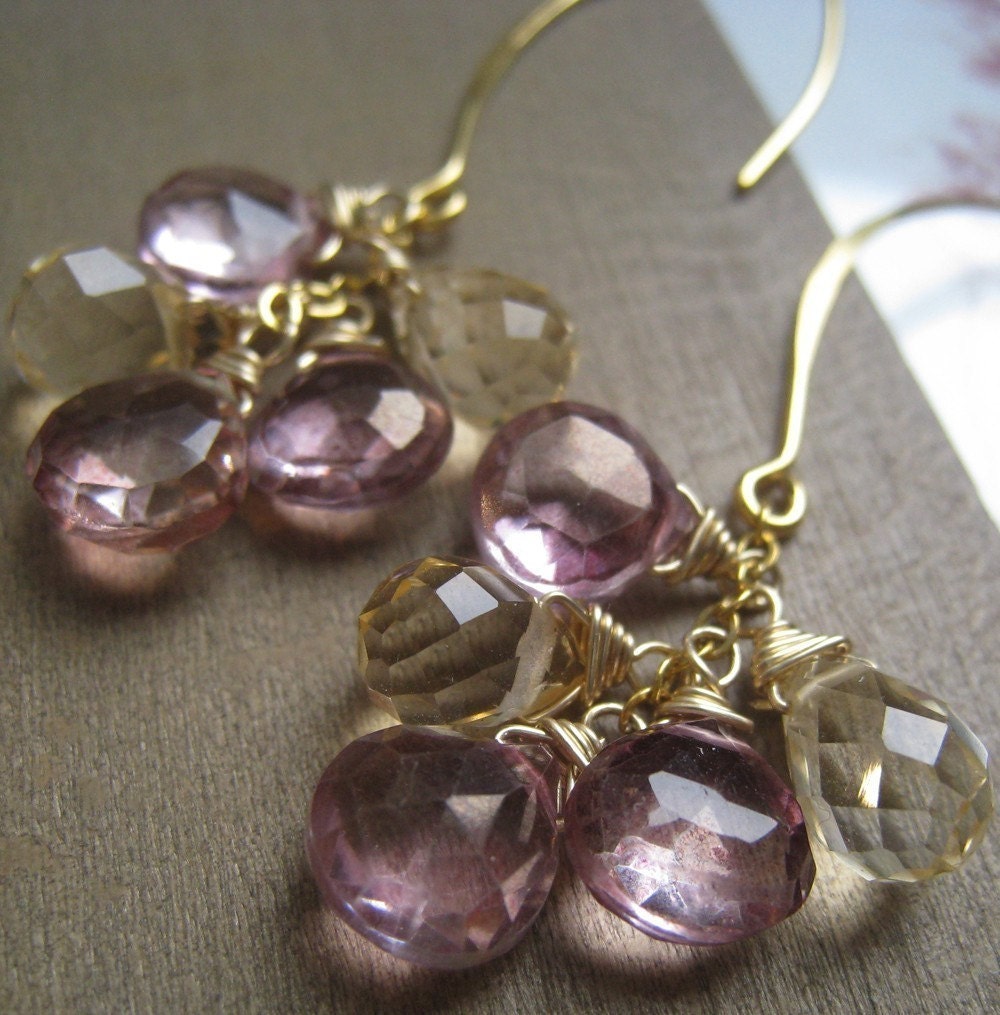 Pink quartz & citrine Earrings, mystic pink and golden honey, vermeil gold or sterling silver, bridesmaid jewelry