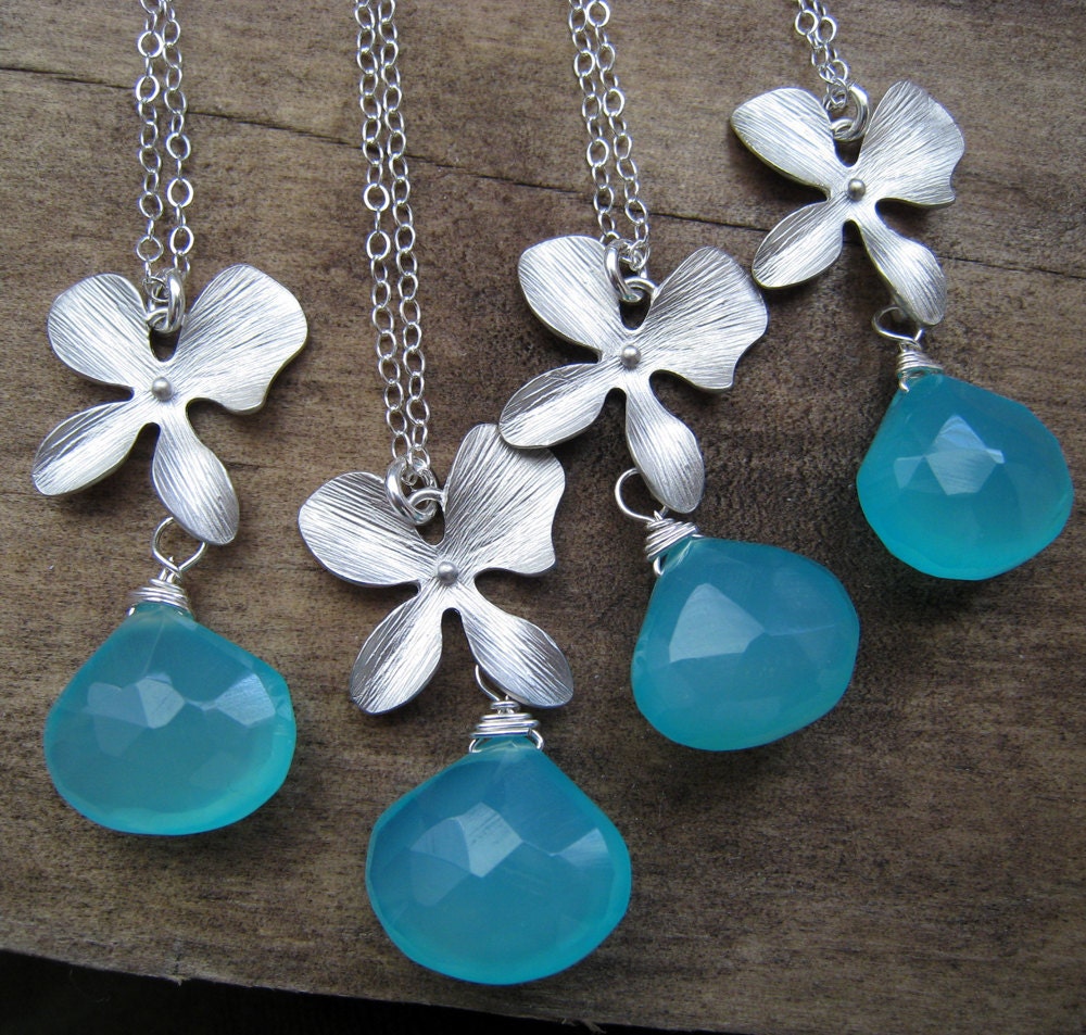 Bridesmaid gifts, set of four, orchid & aqua blue chalcedony necklace, gemstones, match your wedding color theme