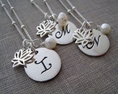 set of 5 Personalized Bridesmaid jewelry, lotus and initial necklace, personalized bridesmaid gifts, bridal party jewelry