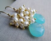Aqua blue and pearl earrings, aqua earrings, bridesmaids, bridal earrings, gemstone and pearl jewelry, wire wrapped