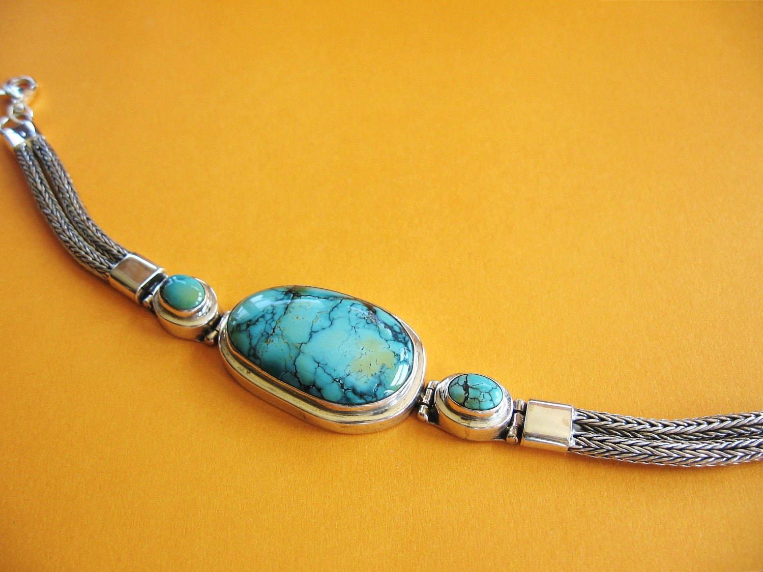 Vintage Turquoise Sterling Silver Bracelet Green Genuine Natural Stones