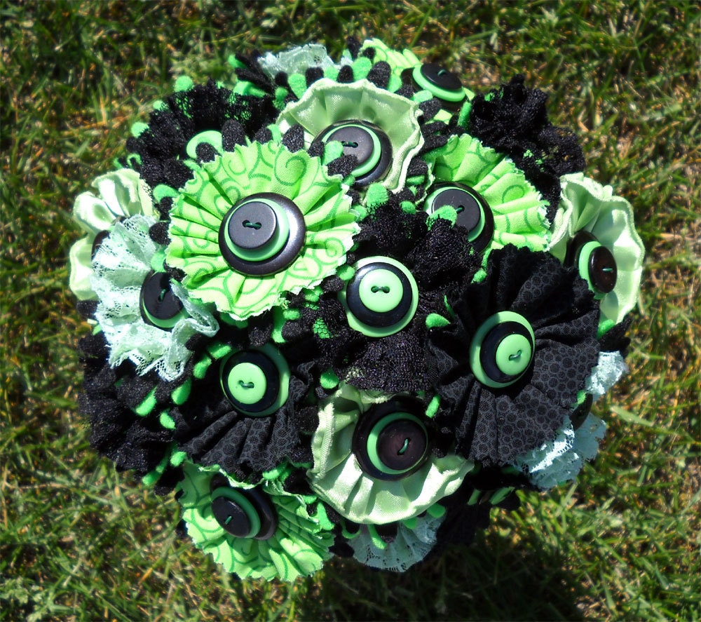 Lime Green and Black Button Fabric Lace Wedding Bridal Bouquet