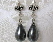 Grey Marie Antoinette Pearl Earrings Vintage Glass Bead Silver Fleur de Lis Post Earrings