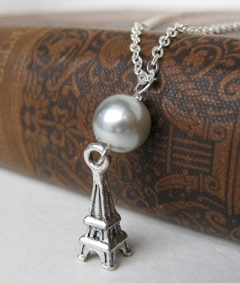 Paris Necklace Vintage Pearl Charm Eiffel Tower Silver Antiqued