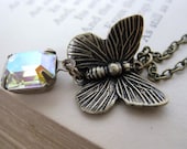 Butterfly Necklace Vintage Rhinestone Charm Antique Brass