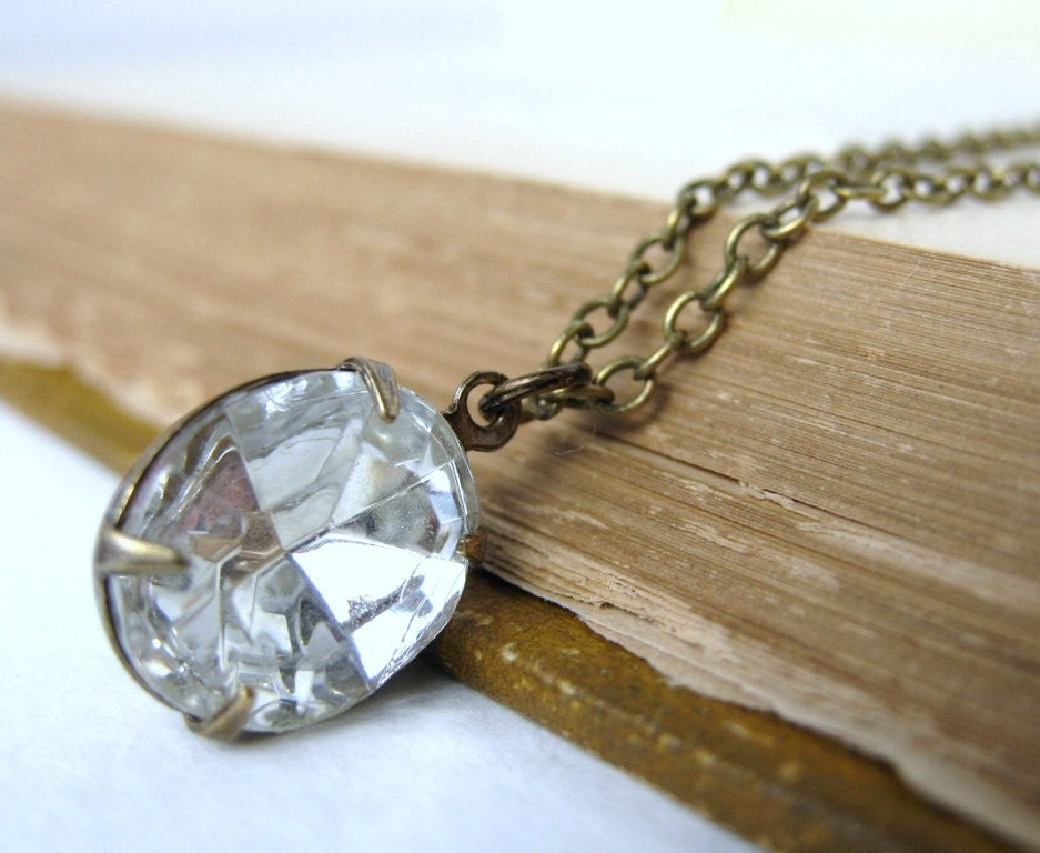Vintage Rhinestone Necklace Crystal Jewel Antiqued Brass Chain