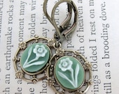Vintage Flower Earrings Filigree Cameos Sage Green Ivory Narcissus Antiqued Brass Filigree