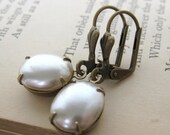 Vintage Rhinestone Pearl Earrings Antiqued Brass Pearl Drops