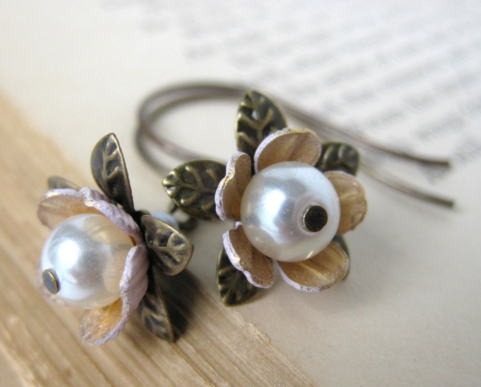 Vintage Pearl Earrings Pink White Flower Jewelry Antiqued Brass. Bud
