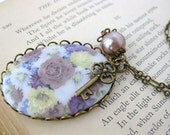 Vintage Flower Necklace Cameo Pearl Charm Miriam Haskell Glass Pendant. Secret Garden Key