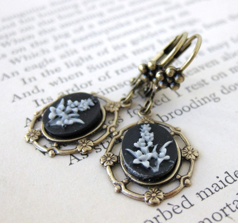 Vintage Flower Earrings Filigree Cameos Black and White Antiqued Brass Black Tie