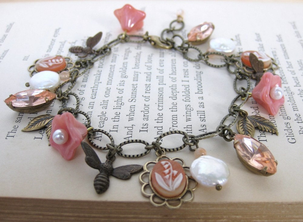 Vintage Charm Bracelet Pearls Rhinestones Flowers in Antiqued Brass Rosaline Blossoms