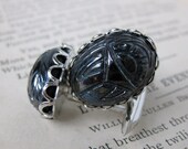 Vintage Cufflinks Scarab Glass Cabochon Jet Black Hematite Silver Cuff Links