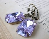 Vintage Rhinestone Earrings Alexandrite Swavovski Crystal Antiqued Brass Estate Style