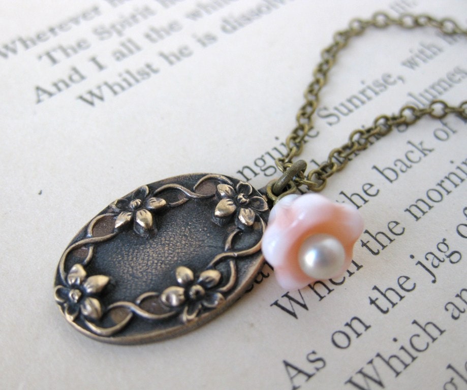 Vintage Charm Necklace Peach Pearl Antiqued Brass Flowers