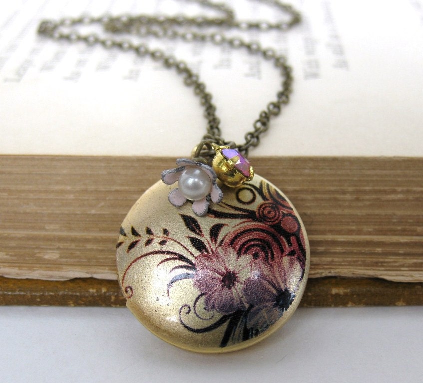 Photo Locket Round Brass Pink Flowers Vintage Crystal Bead Charm Pendant