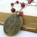 Vintage Locket Necklace Flower Pearl Charm Ruby Rhinestone Brass. Fresh Cherries.