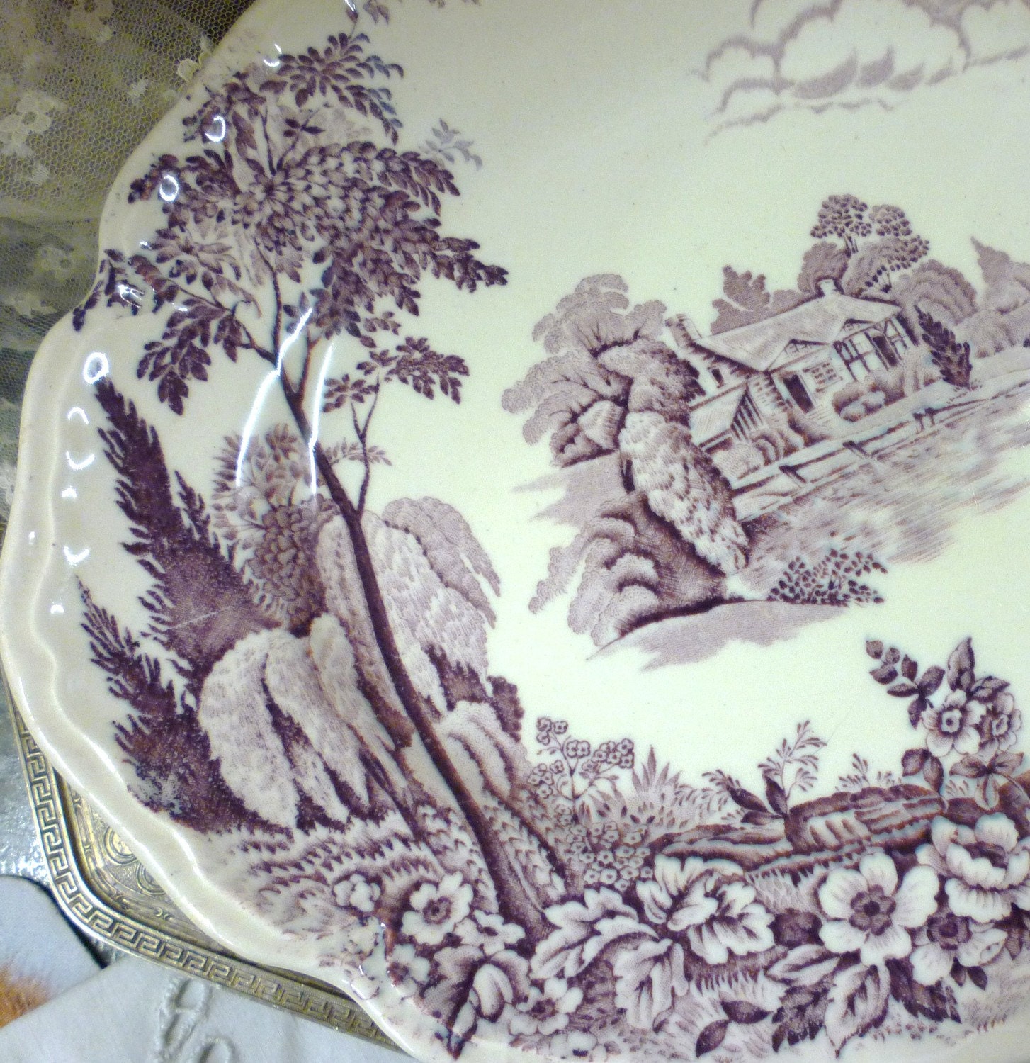 pastoral avon cottage mulberry transferware platter