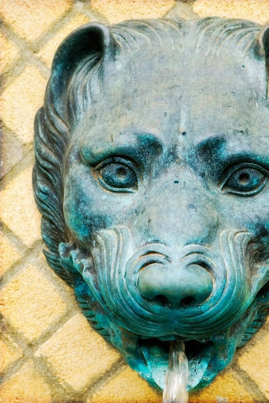 Copper Lion Fountain Print - Santa Monica Garden Photography - Teal and Yellow Los Angeles Wall Art - 4X6 Fine Art Color Photograph