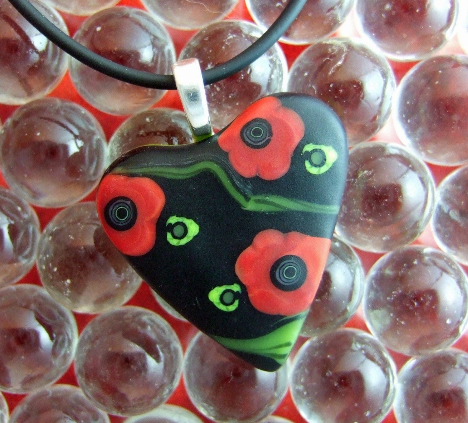 Red Red Rose Heart Pendant, Handmade Fused Glass Jewelry
