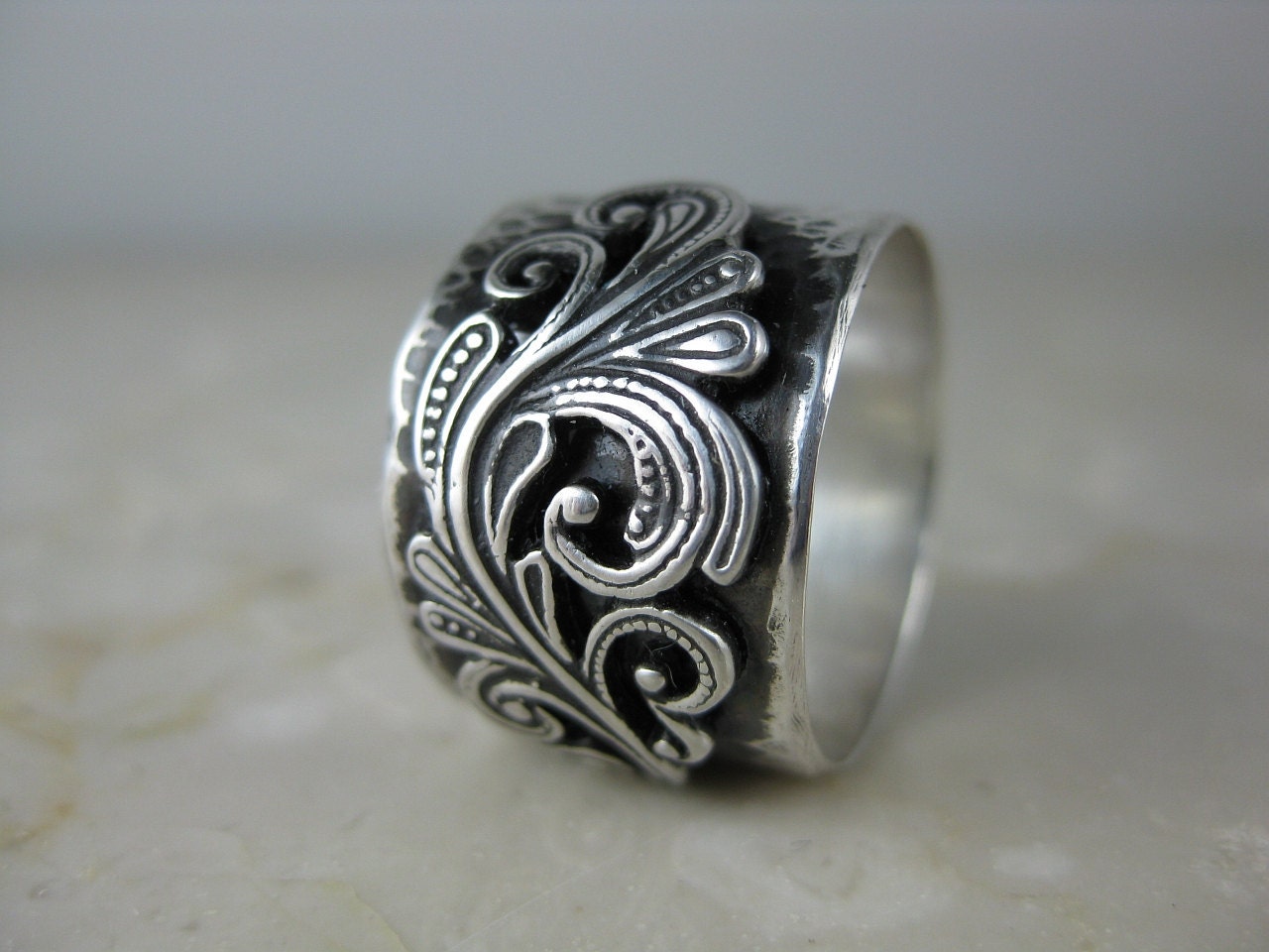 Ring - Wide Silver Hammered Band with Silver Filigree Design