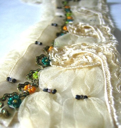 Vintage Lace Fabric Beaded Trim - Gorgeous Handmade Garment Collar - Antique Hand Crafted Sewing Supplies