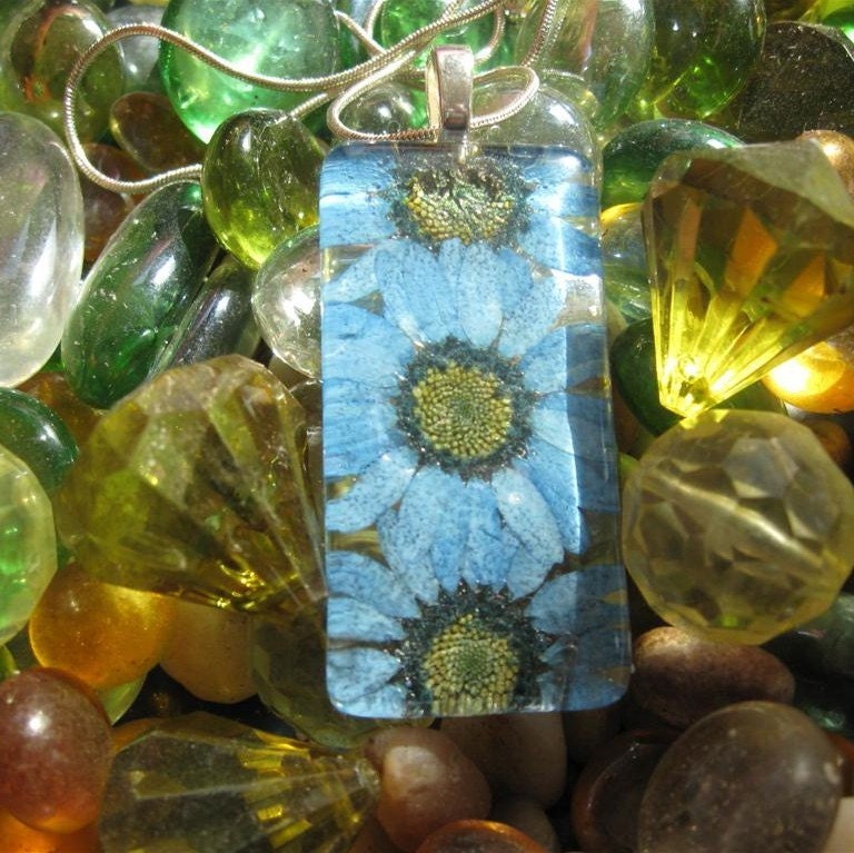 Daisies and more Daisies. Teal or Turquoise pressed flowers behind glass 1x2 rectangle.
