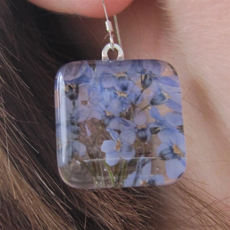 Forget Me Not  Earrings. Crystal clear  handcut 1 inch glass square. Pressed flowers behind.