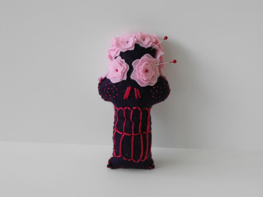 Pincushion - Purple Skull with Pink Flower Wig