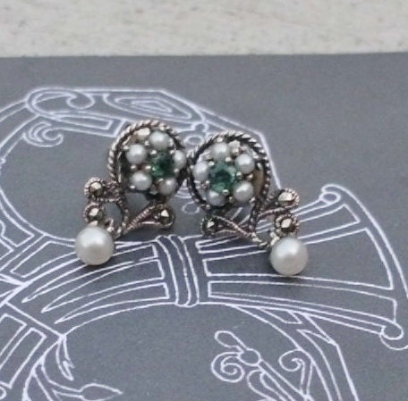 Vintage Silver Pearl Genuine Emerald Marcasite Earrings pierced 70s