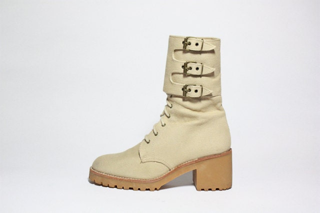VTG French Canvas Lace Up Triple Buckle Combat Boots 8