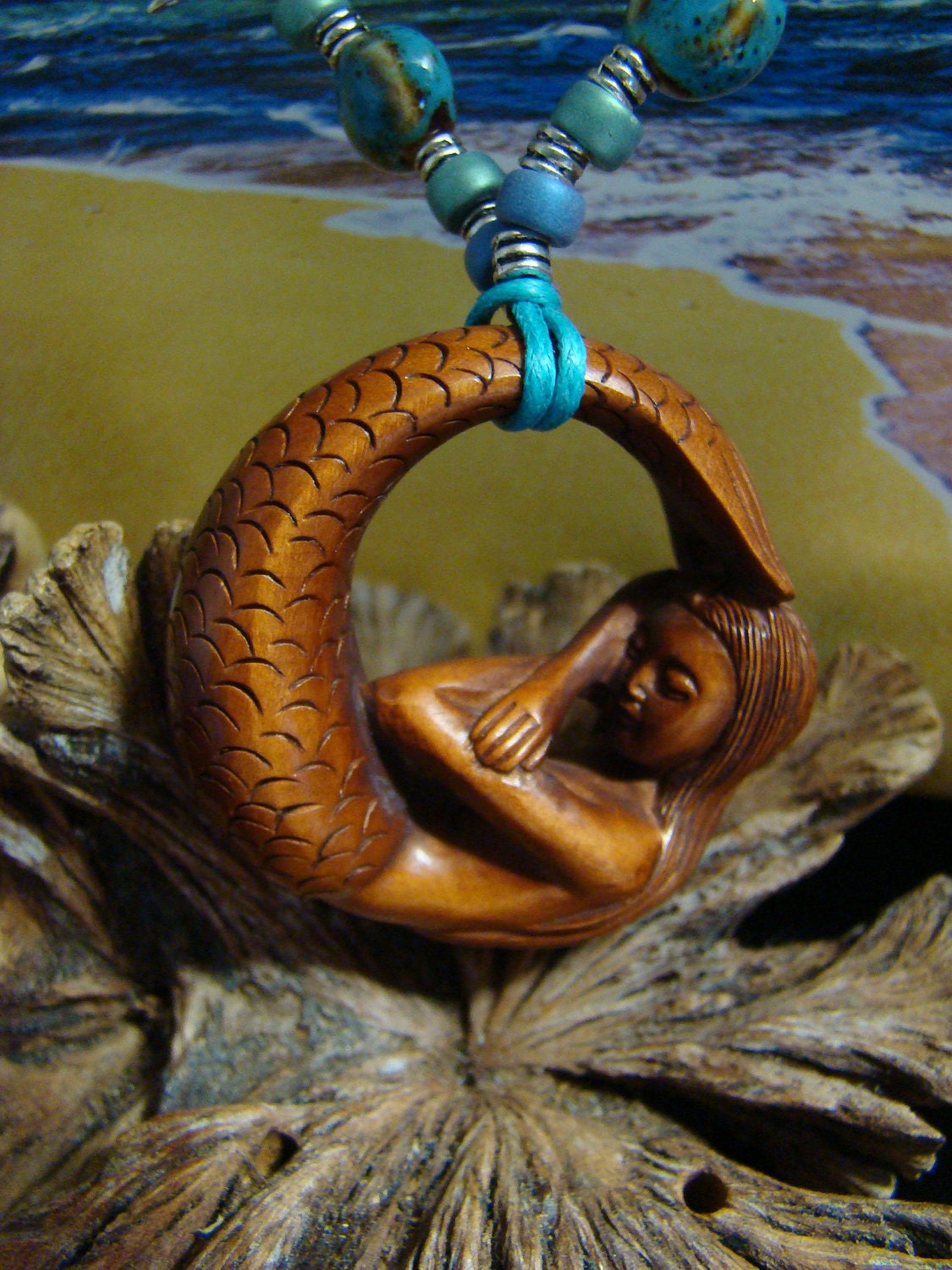 Mermaid Sleeping Beauty Holding a Pearl  Hand Carved Wood 2in Miniature - Figurine - Ceramic Porcelean Beads Necklace