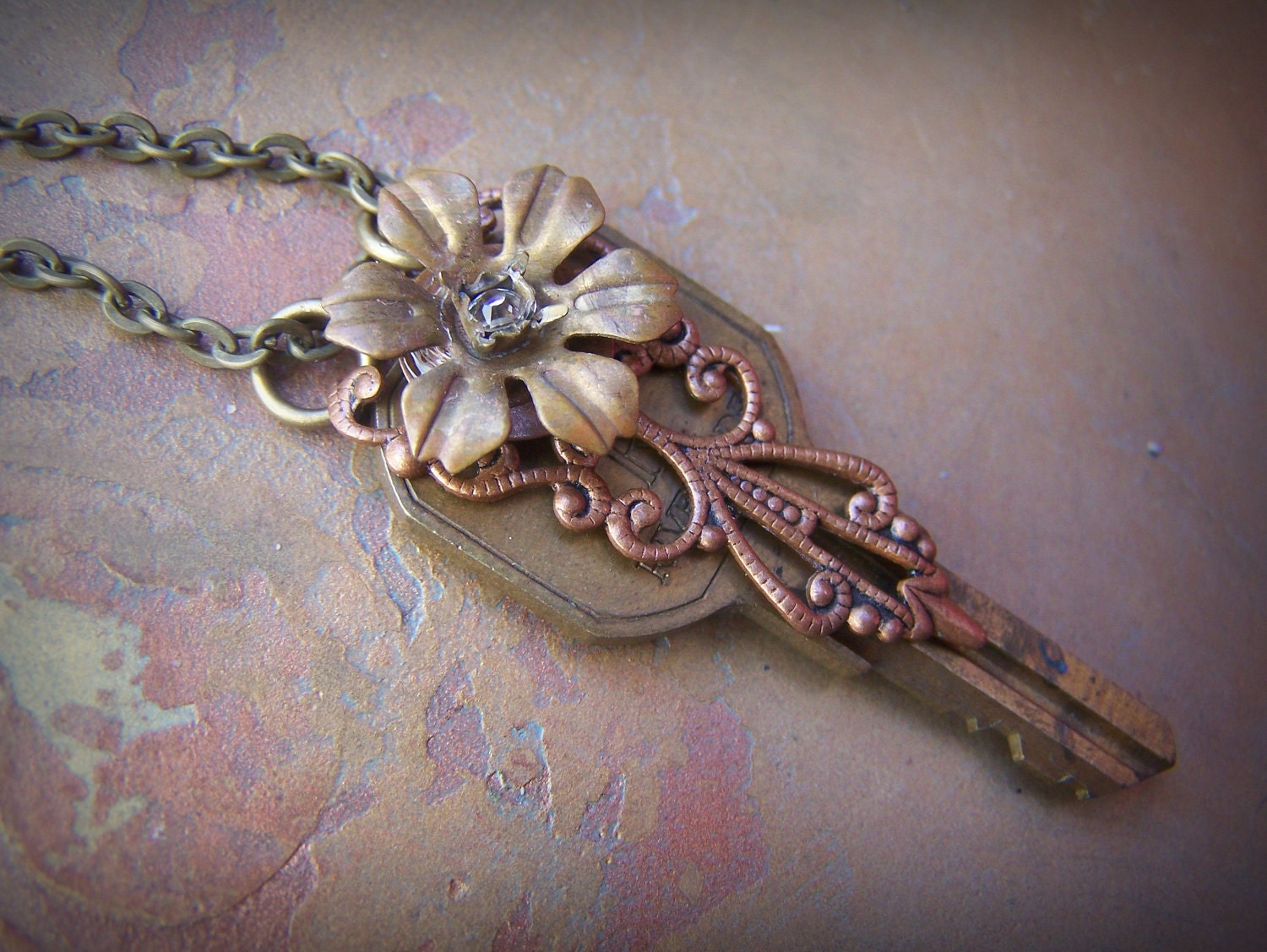 Key Necklace Steampunk Flower and Filigree