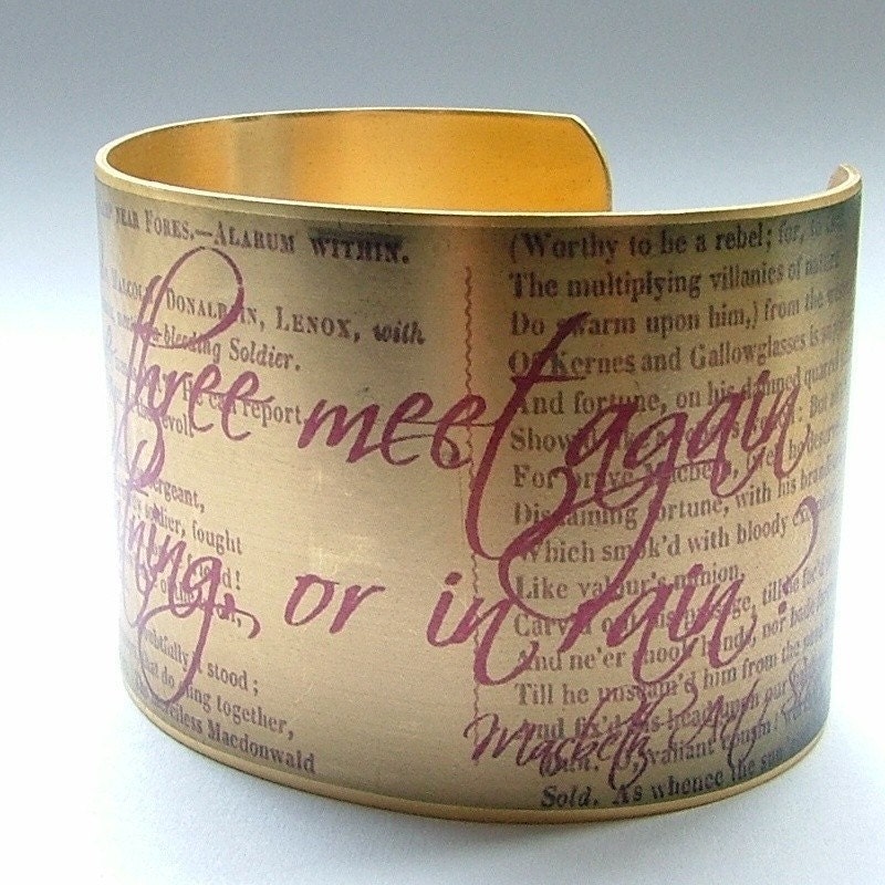 Shakespeare Jewelry Dramatic Macbeth Literary Quote Brass Cuff Bracelet - In Thunder, Lightning, or in Rain