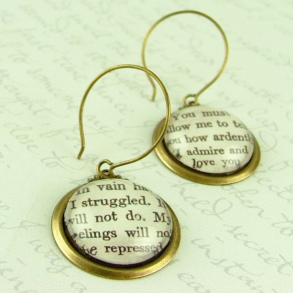 Jane Austen Literary Lovers Book Earrings 'Pride and Prejudice' - How Ardently I Admire and Love You