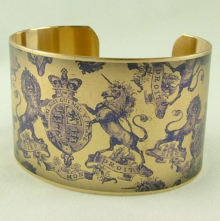 Heraldic Coat of Arms Historical Brass Cuff Bracelet - Royal Victoriana Toile de Jouy in Violet