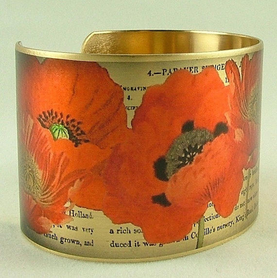 Poppy Flower Brass Cuff Bracelet - Pretty Orange Poppies