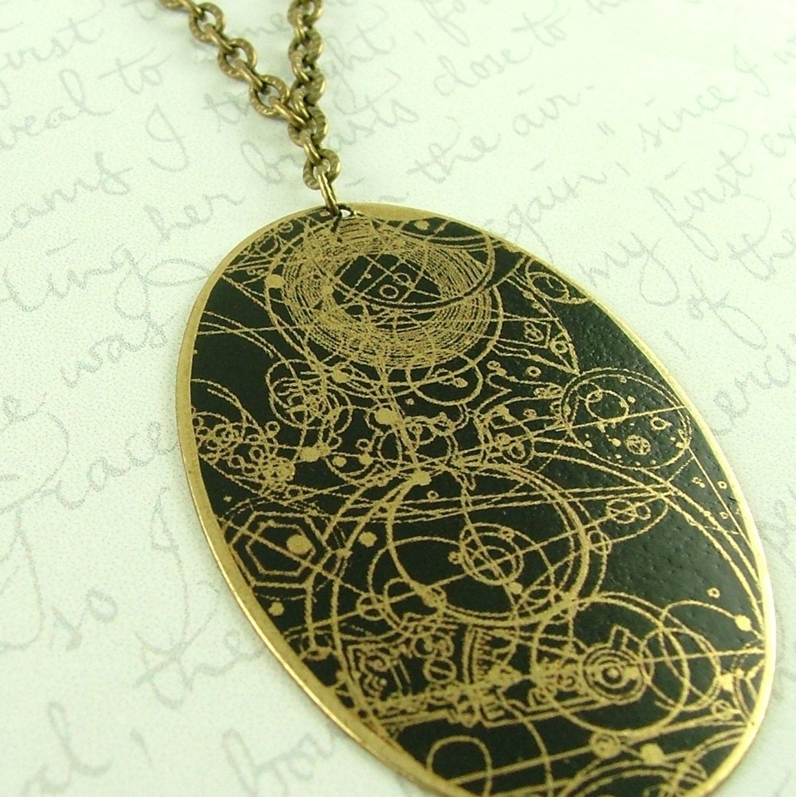 Steampunk Brass Necklace with Gallifreyan Time Lord Symbols in Black