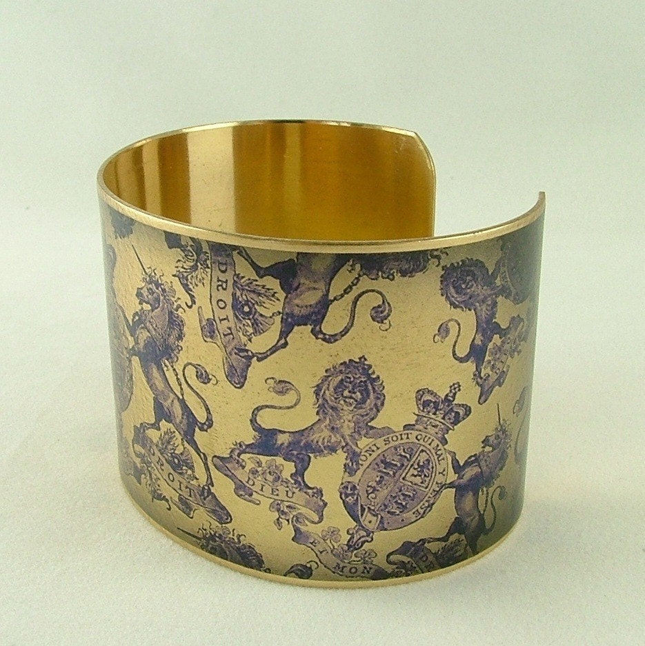 Heraldic Coat of Arms Historical Brass Cuff Bracelet - Royal Victoriana Toile de Jouy in Violet