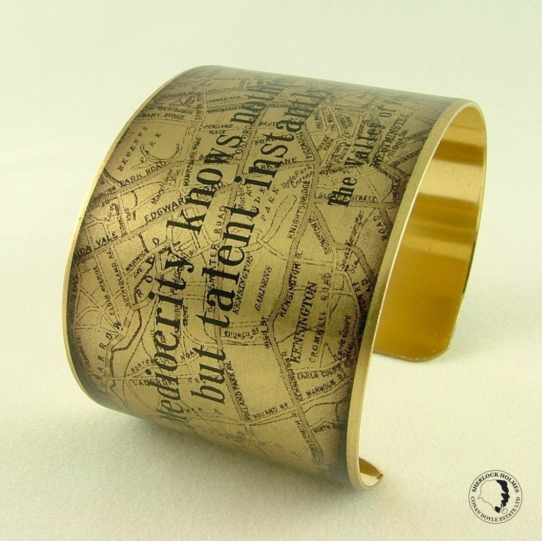 Map of at Baker Street - Mediocrity Knows Nothing - Sherlock Holmes Literary Brass Cuff Bracelet