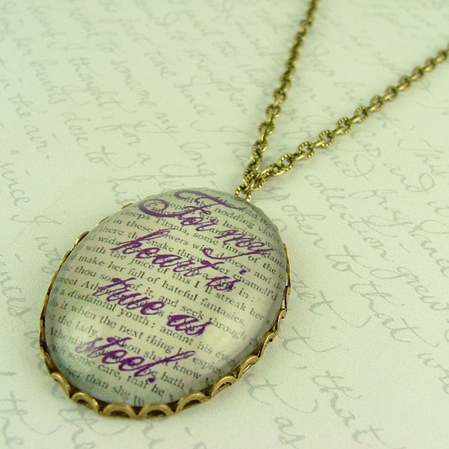 Shakespeare Jewelry - Midsummer Night's Dream Literary Glass Necklace - My Heart Is True As Steel