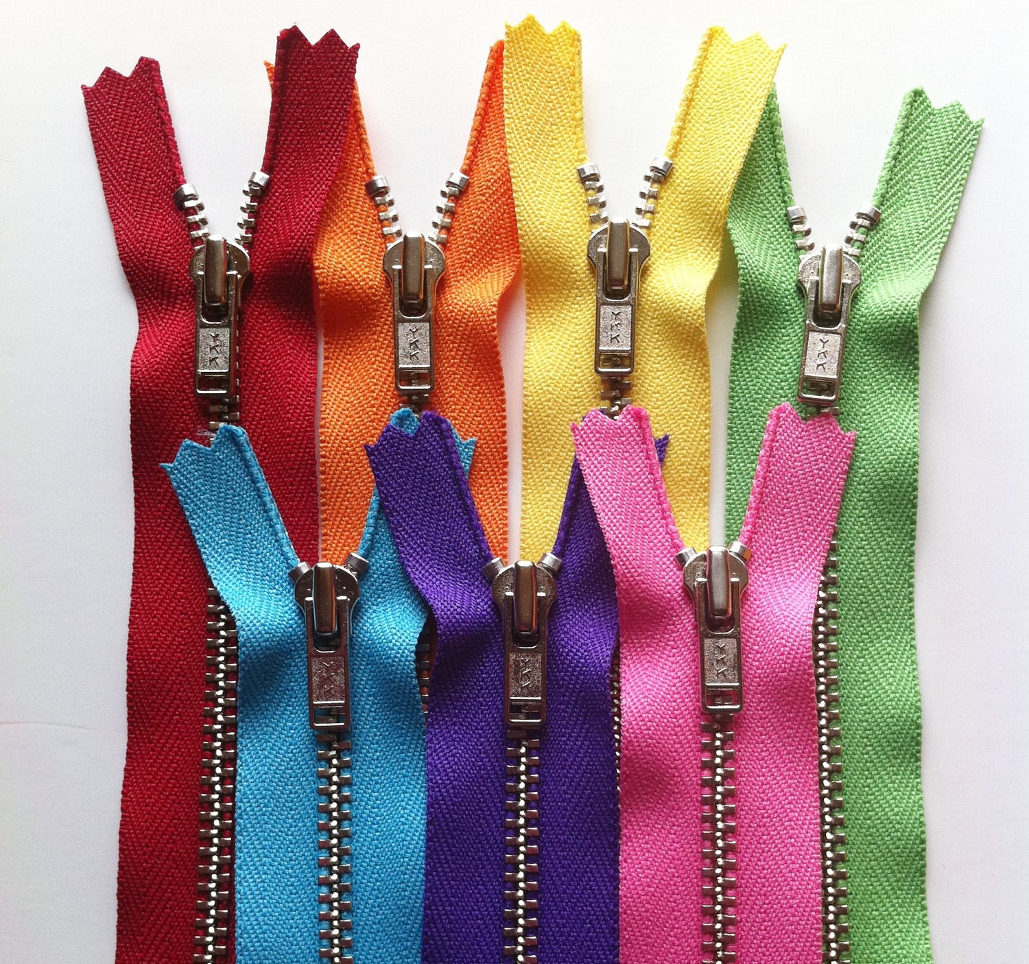 Metal Zippers- 9 inch closed bottom ykk nickel teeth zips- (7) pieces - Rainbow Set